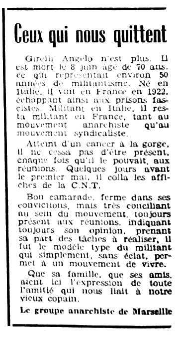 Necrològica d'Angelo Girelli apareguda en el periòdic parisenc "Le Monde Libertaire" de juliol de 1955