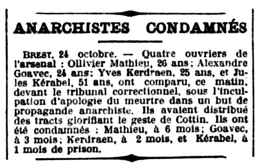 Notícia de la condemna d'Alexandre Goavec apareguda en el diari marsellès "Le Petit Marseillais" del 25 d'octubre de 1922