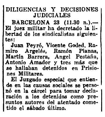Notícia de l'alliberament de Vicente Godet Sanz apareguda en el diari mardrileny "La Voz" del 24 de juliol de 1923