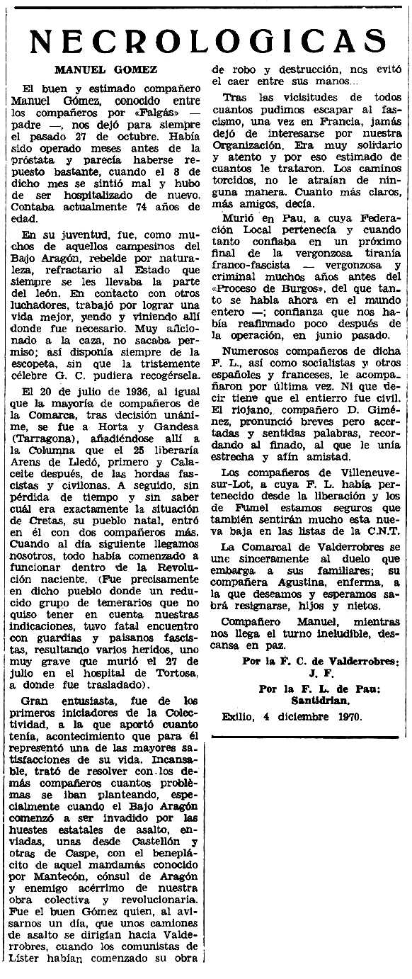 Necrològica de Manuel Gómez Pallarés apareguda en el periòdic tolosà "Espoir" del 28 de febrer de 1971