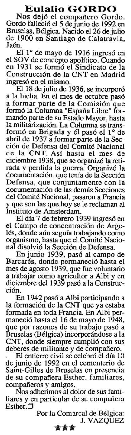 Necrol&ograve;gica d'Eulalio Gordo apareguda en el peri&ograve;dic tolos&agrave; "Cenit" del 8 de desembre de 1992