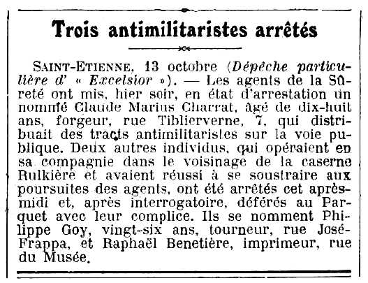 Not&iacute;cia de la detenci&oacute; de Philippe Goy i altres companys apareguda en el diari parisenc "Excelsior" del 14 d'octubre de 1913