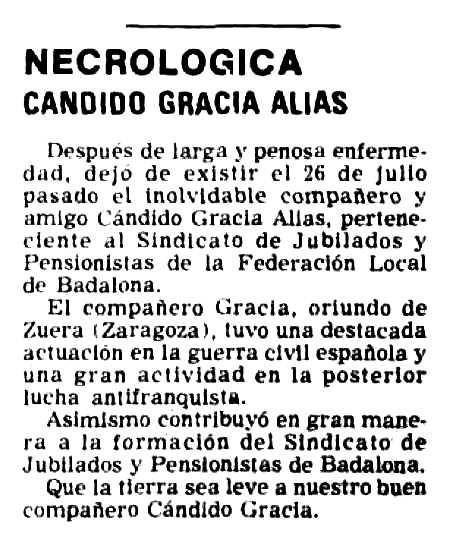 Necrològica de Cándido Gracia Alias apareguda en el periòdic barcelonès "Solidaridad Obrera" de l'1 de setembre de 1980