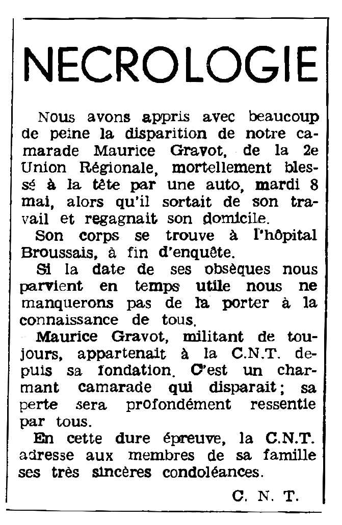 Necrològica de Maurice Gravot apareguda en el periòdic parisenc "Le Combat Syndicaliste" del 24 de maig de 1962