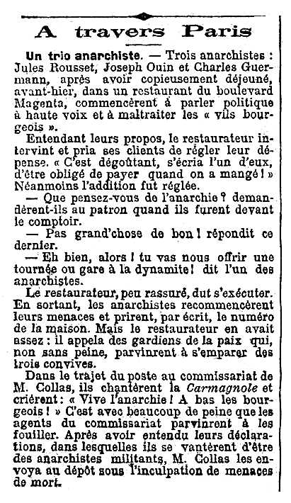Notícia de la detenció de Charles Guermann apareguda en el diari parisenc "Le Petit Journal" del 16 de novembre de 1892