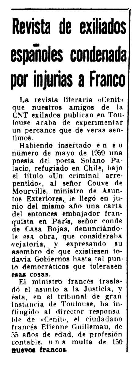 Notícia d'una de les condemnes d'Étienne Guillemau apareguda en el periòdic tolosà "El Socialista" del 15 de maig de 1960