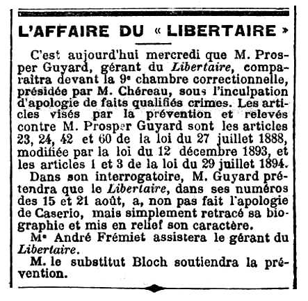 Notícia del judici de Prosper Guyard apareguda en el diari parsisenc "Le XIXe Siècle" del 27 d'agost de 1896