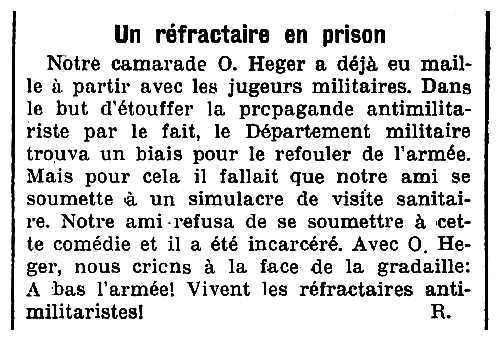 Notícia sobre l'empresonament d'Octave Heger apareguda en el periòdic ginebrí "Le Réveil Anarchiste" del 12 de desembre de 1931