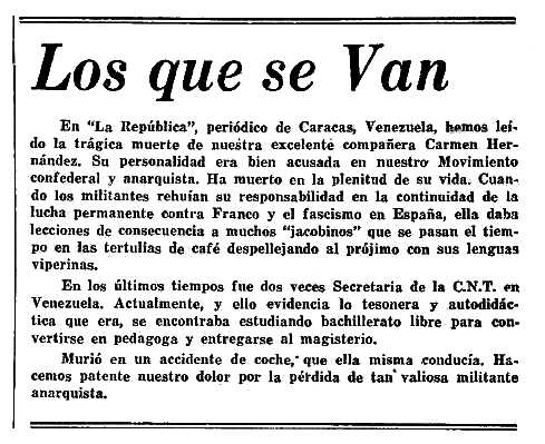 Necrològica de Carmen Hernández Martín apareguda en el periòdic mexicà "Tierra y Libertad" del novembre-desembre de 1963