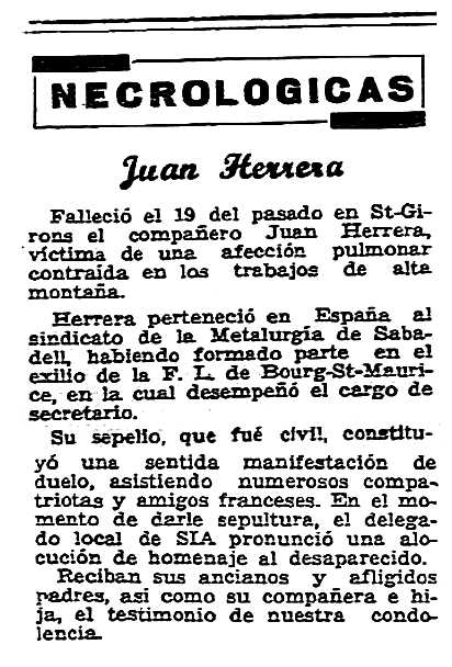 Necrològica de Juan Herrera Baños aparegua en el periòdic parisenc "Solidaridad Obrera" del 10 de desembre de 1953