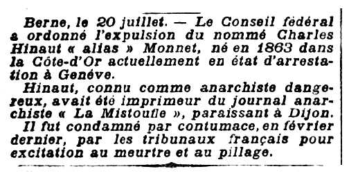 Notícia sobre l'expulsió de Joseph Hinaut publicada en el diari parisenc "La Croix" del 22 de juliol de 1894