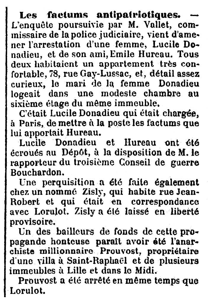 Notícia de la detenció d'Émile Hureau publicada en el diari parisenc "Journal des Débats Politiques et Littéraires" de l'11 de març de 1915