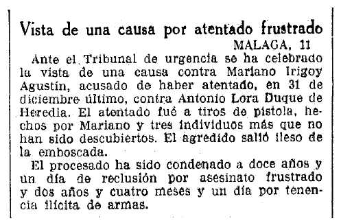 Notícia de la condemna de Mariano Irigoy Agustín publicada en el diari barceloní "La Vanguardia" del 12 d'abril de 1935