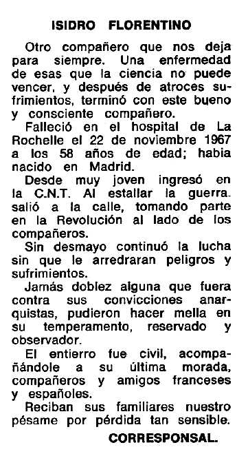 Necrol&ograve;gica de Florentino Isidro Jim&eacute;nez apareguda en el peri&ograve;dic tolos&agrave; "Espoir" del 10 de mar&ccedil; de 1968