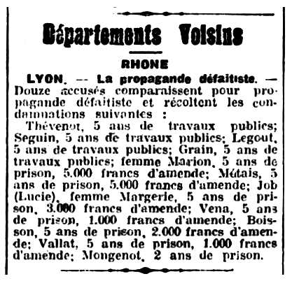 Notícia de la condemna de Lucie Job apareguda en el diari de Chalon-sur-Saône "Courrier de Saône-et-Loire" del 13 d'abril de 1918