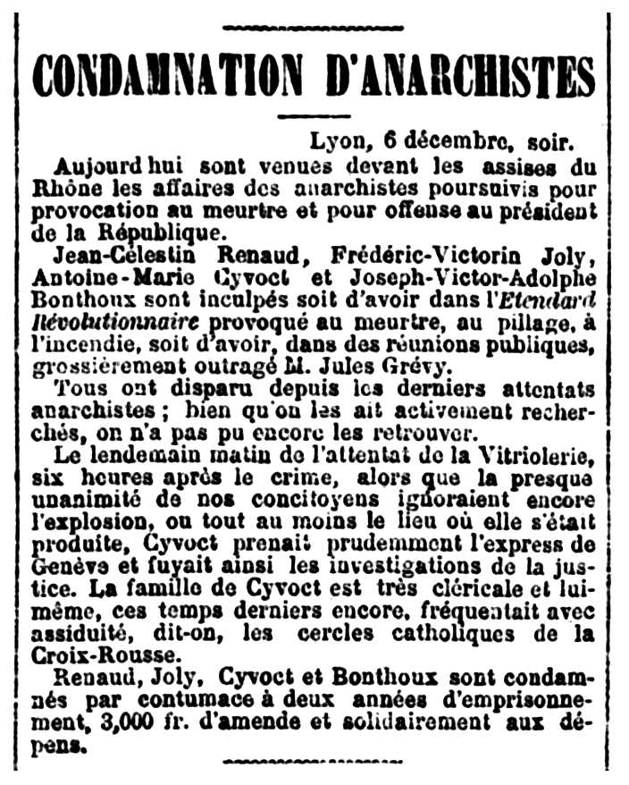 Notícia de la condemna de Frédéric Jolly apareguda en el diari marsellès "Le Petit Provençal" del 7 de desembre de 1882