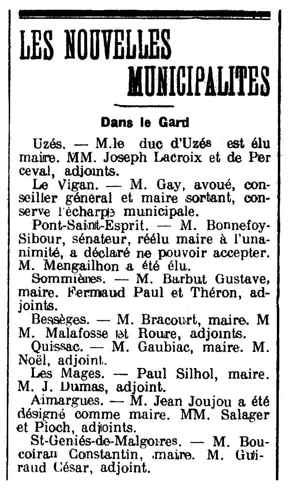 Notícia del nomenament de Jean Joujou com a alcalde publicada en el diari de Nimes "Le Journal du Midi" del 19 de maig de 1908