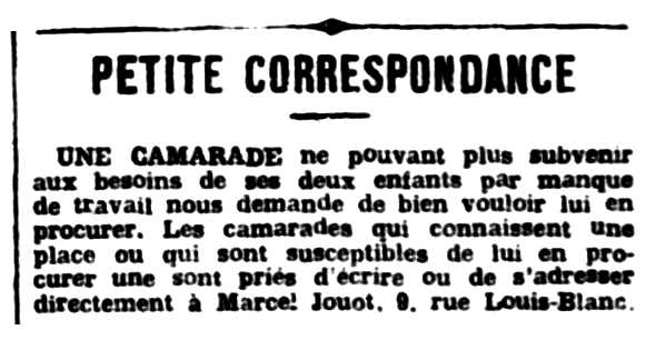 Notícia orgànica de Marcel Jouot publicada en el periòdic parisenc "Le Libertaire" del 26 de juliol de 1924