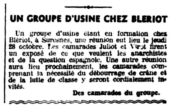 Notícia orgànica de Narcisse Juliot publicada en el periòdic parisenc "Le Libertaire" del 4 de novembre de 1937