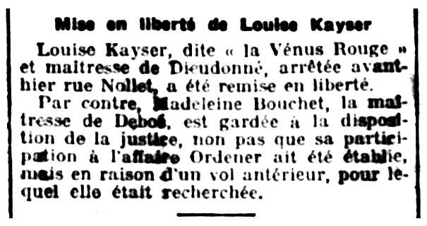 Notícia de l'alliberament de Louise Kaiser apareguda en el diari parienc "La Liberté" del 2 de març de 1912
