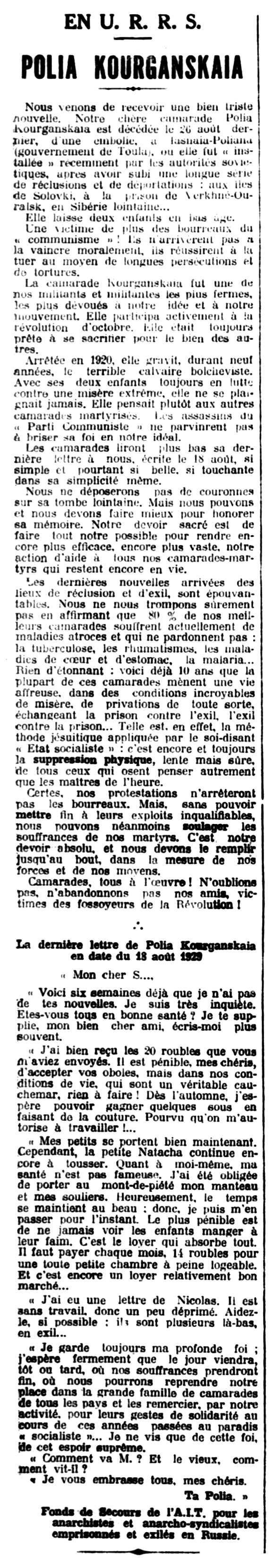 Necrològica de Polina Kourganskaia apareguda en el periòdic parisenc "Le Libertaire" del 28 de setembre de 1929
