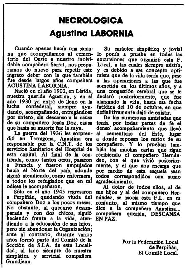 Necrol&ograve;gica d'Agustina Lab&egrave;rnia Chimeno apareguda en el peri&ograve;dic tolos&agrave; "Espoir" del 21 de novembre de 1980