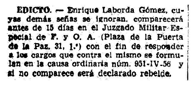 Requisitòria d'Enrique Laborda Gómez apareguda en el diari barcelonès "La Vanguardia" del 10 de novembre de 1957