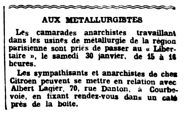 Notícia orgànica d'Albert Lagier apareguda en el periòdic parisenc "Le Libertaire" del 29 de gener de 1937