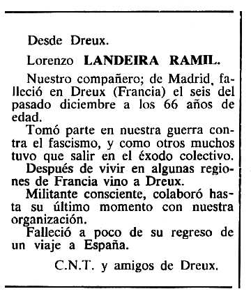Necrològica de Lorenzo Landeira Ramírez apareguda en el periòdic tolosà "Cenit" del 19 de febrer de 1985