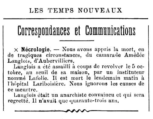 Notícia de la mort d'Amédée Langlois apareguda en el periòdic parisenc "Les Temps Nouveaux" del 27 d'octubre de 1906