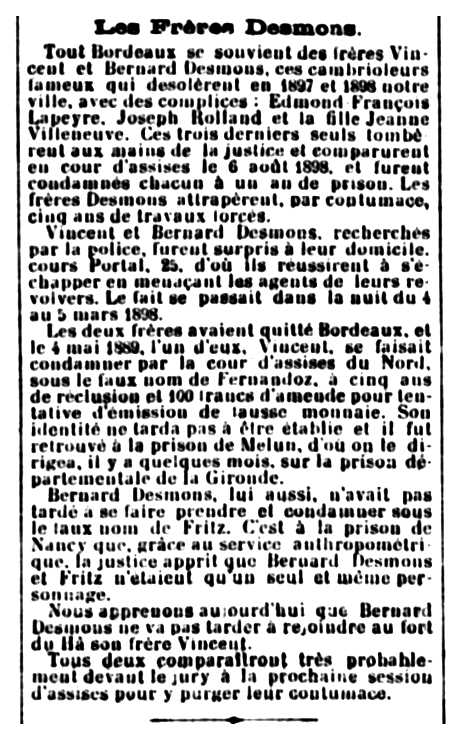 Not&iacute;cia del processament d'Edmond Lapeyre apareguda en el diari bordel&egrave;s "La Gironde" del 7 de mar&ccedil; de 1900