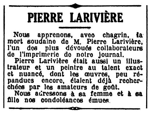 Necrol&ograve;gica de Pierre Larivi&egrave;re apareguda en el diari parisenc "L'&Eacute;cho de Paris" del 17 de febrer de 1932