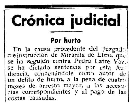 Notícia de la condemna de Pedro Latre Voz apareguda en "Diario de Burgos" del 20 de novembre de 1935