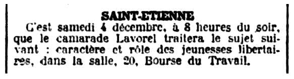 Notícia d'una xerrada de Maurice Lavorel publicada en el periòdic parisenc "Le Libertaire" del 2 de desembre de 1937