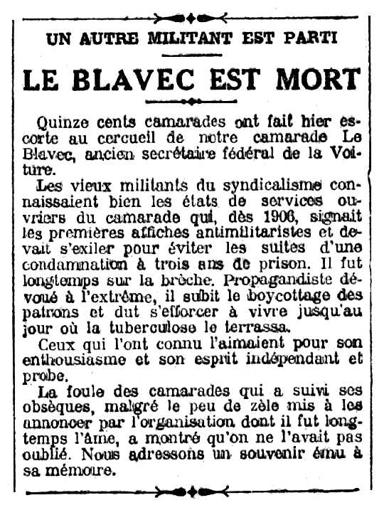 Necrològica de Pierre Le Blavec apareguda en el diari parisenc "Le Peuple" del 25 de febrer de 1921