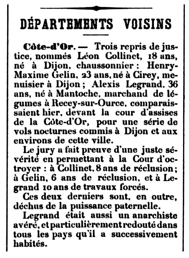 Notícia de la condemna d'Alexis Legrand apareguda en el diari de Chalon-sur-Saône "Courrier de Saône-et-Loire" del 23 de febrer de 1894