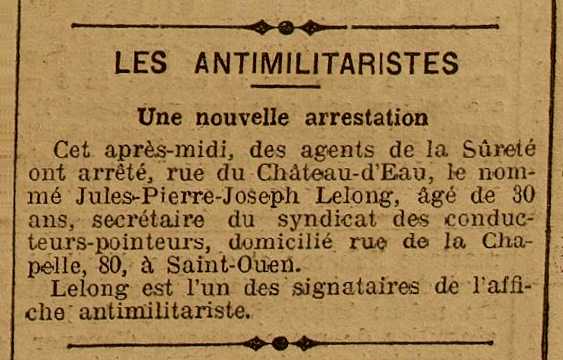 Notícia de la detenció de Jules Lelong apareguda en el diari parisenc "La Liberté" del 3 de maig de 1907