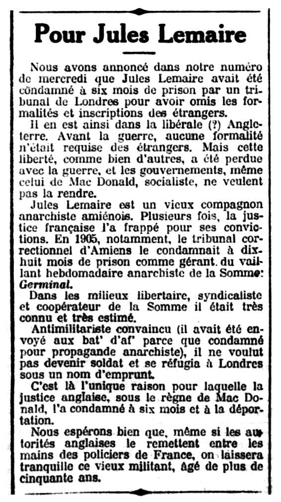 Not&iacute;cia de la condemna de Jules Leamire apareguda en el peri&ograve;dic parisenc "Le Libertaire" del 22 de setembre de 1924