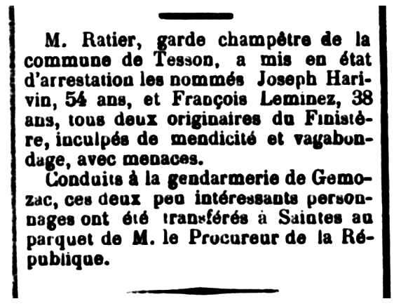 Notícia de la detenció de François Le Minez publicada en el diari de Saintes "L'Indépendant de la Charete-Inférieure" del 24 de gener de 1905