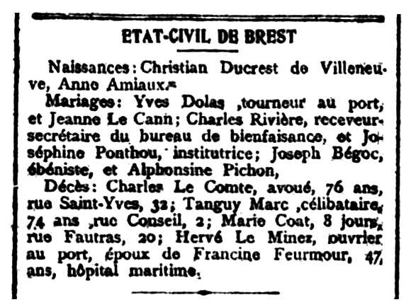 Nota sobre la defunció d'Hervé Le Minez apareguda en el diari de Rennes "L'Ouest-Éclair" del 2 de desembre de 1905