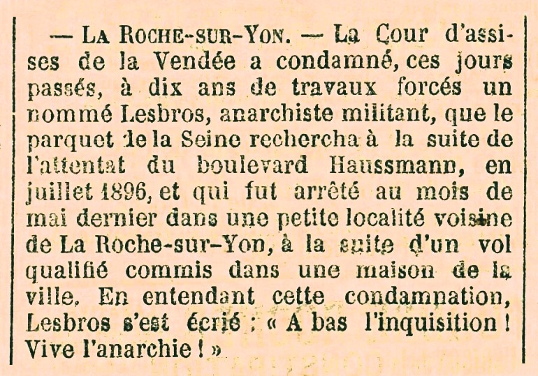 Notícia de la condemna de Venance Lesbros publicada en el diari de Dijon "Le Bien Public" del 5 d'agost de 1897