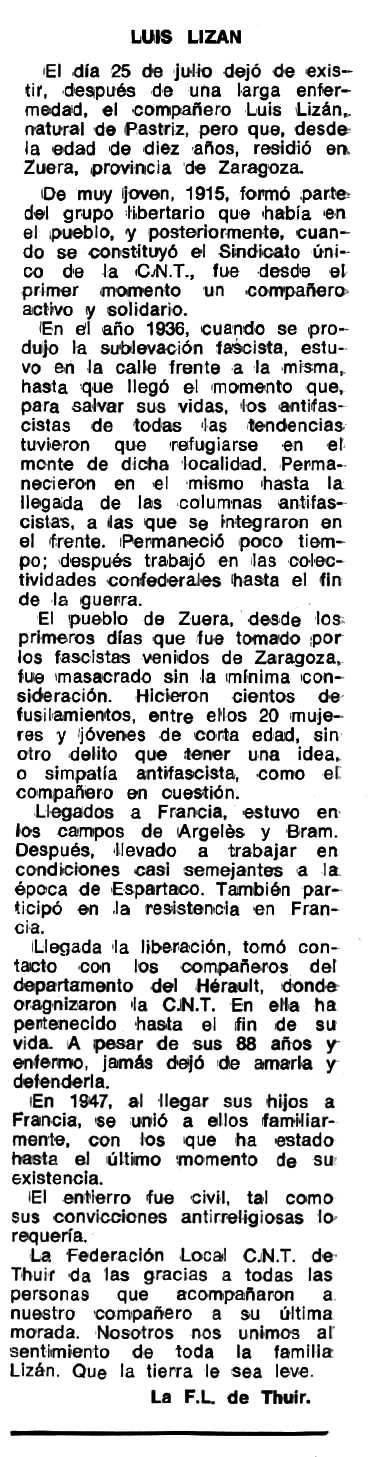 Necrol&ograve;gica de Luis Liz&aacute;n Gonzalvo apareguda en el peri&ograve;dic tolos&agrave; "Espoir" del 13 de novembre de 1978