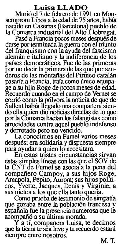 Necrol&ograve;gica de Llu&iuml;sa Llad&oacute; Ball&uacute;s apareguda en el peri&ograve;dic tolos&agrave; "Cenit" de l'1 d'octubre de 1991