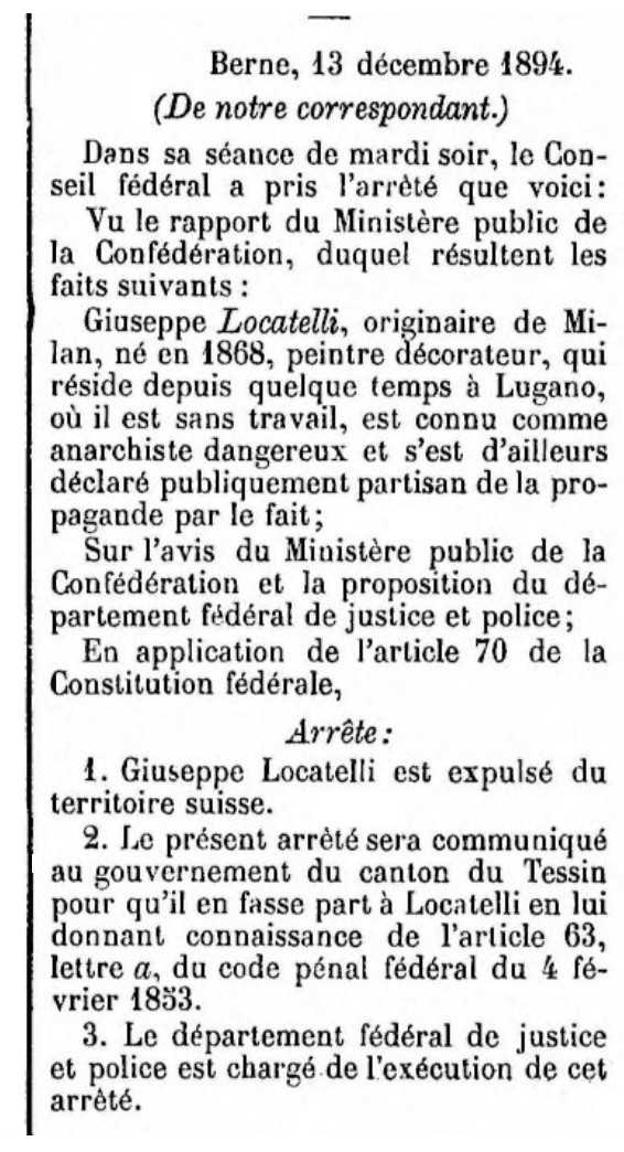 Not&iacute;cia de l'expulsi&oacute; de Giuseppe Locatelli apareguda en el peri&ograve;dic "Feulle d'avis de Neuch&acirc;tel" del 13 de desembre de 1894