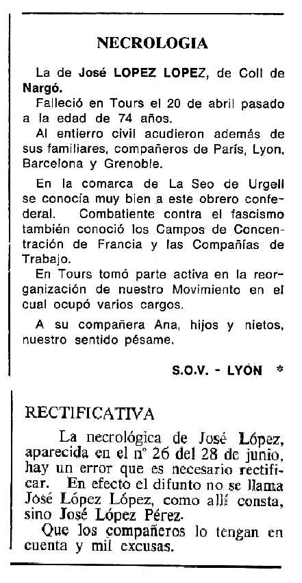 Necrològica i rectificació apareguda en el periòdic tolosà "Cenit" del 28 de juin i del 6 de setembre de 1983