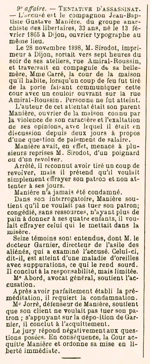 Not&iacute;cia del judici de Jean-Baptiste Mani&egrave;re aparegut en el diari de Ch&acirc;tillon-sur-Seine "Le Ch&acirc;tillonais et L'Auxois" del 2 de mar&ccedil; de 1899