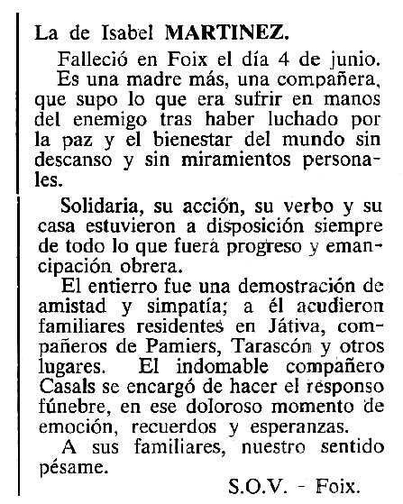Necrol&ograve;gica d'Isabel Mart&iacute;nez Cuenca apareguda en el peri&ograve;dic tolos&agrave; "Cenit" del 10 de juliol de 1984
