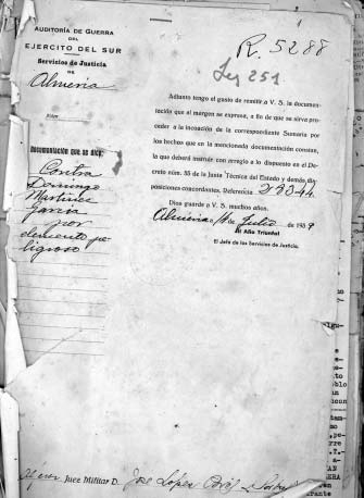 Portada del Sumari 28.344/39 seguit contra Domingo Mart&iacute;nez Garc&iacute;a por "element perill&oacute;s"