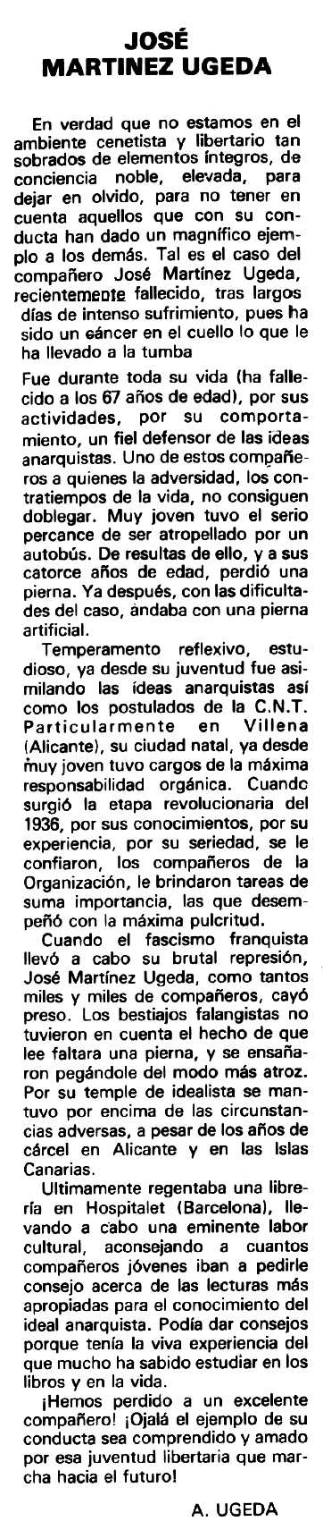 Necrol&ograve;gica de Jos&eacute; Mart&iacute;nez Ugeda apareguda en el peri&ograve;dic tolos&agrave; "Cenit" del 8 de febrer de 1981