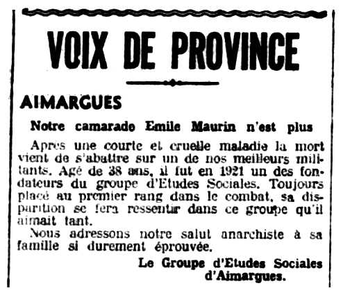 Necrol&ograve;gica d'&Eacute;mile Maurin apareguda en el peri&ograve;dic parienc "Le Libertaire" del 22 d'abril de 1937